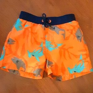 Gymboree orange blue gray shark swim trunks boys size 12-28 mo EUC …